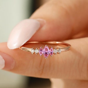 September Birthstone Ring Solid Gold Marquise Cut Pink Sapphire Wedding Band for Women Pink Sapphire Gemstone Anniversary Ring Jewelry Gift