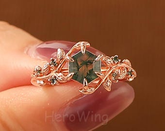 Natural Inspired 6mm Hexagon Moss Agate Ring Unique Engagement Vintage Promise Ring