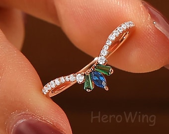 Pave Set Moissanite Diamond Crown Emerald & Sapphire Wedding Band Curved Matching Ring Anniversary Gift