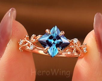 Nature inspired 7mm 2.0CT Princess cut Alexandrite engagement ring siver leaf branch Women gift