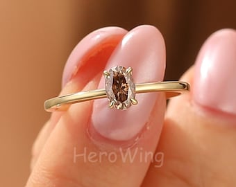 Claw Prong Brown Moissanite Ring 0.5 - 2.0 CT Oval Yellow Gold Minimalist Solitaire Engagement