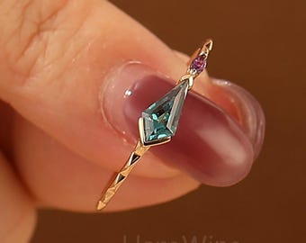 Dainty Kite Alexandrite Wedding Minimalist Promise Ring Channel Set Engagement Ring Solid Gold
