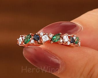 Cluster sapphire emerald multi-stone rings anniversary gift Rose gold wedding band