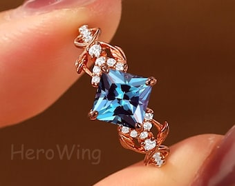 Vintage Princess Cut Alexandrite Leaf Ring Gold Branch Nature Inspired Engagement Anniversary Gift Her
