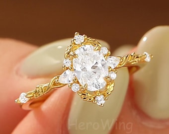 Classic Leaf Branch Moissanite Diamond Wedding Engagememnt Ring Yellow Gold Oval Cut Diamond Jewelry