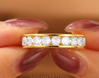 Full Eternity Moissanite Band Wedding Ring Modern Unisex Ring Pave Set Diamond Jewelry