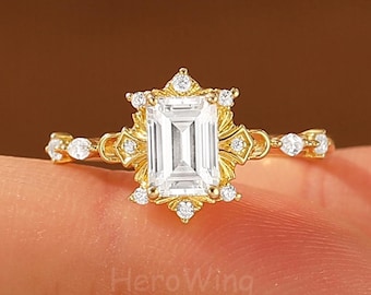 Unique Natural Inspired Emerald Cut 5x7mm Moissanite Diamond Promise Wedding Ring Gift for Womens