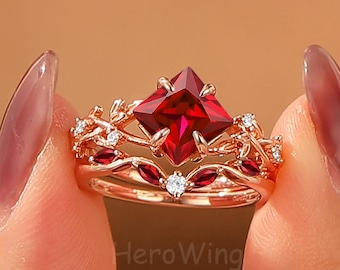 Nature Inspired Rose Gold Princess Cut Red Ruby July Birthstone Bridal Set Wedding Ring