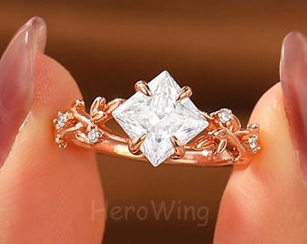 Princess Cut 2.0CT 7MM Moissanite Engagement Ring Nature Inspired Unique Vintage Style Promise Ring