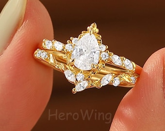 Yellow Gold Teardrop Engagement & Wedding Band Leaf Vine Promise Ring Set for Women