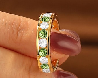 Full Eternity Wedding Band Gold Anniversary Gift for Woman Round Peridot & Moissanite Men Jewelry