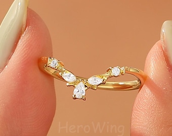 Yellow Gold Pear & Marquise Moissanite Curved Wedding Band – Botanical Leaf Engraving