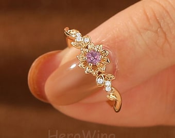 Solid Gold Flower Style Round Natural Amethyst Feb Birthstone Promise Ring Natural Inspired Jewelry