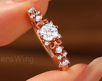 Unique Filigree 5MM Round Moissanite Diamond Wedding Promise Statement Ring Rose Gold Jewelry