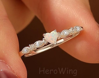 Dainty Opal Heart Ring, Moissanite Accents - October Birthstone