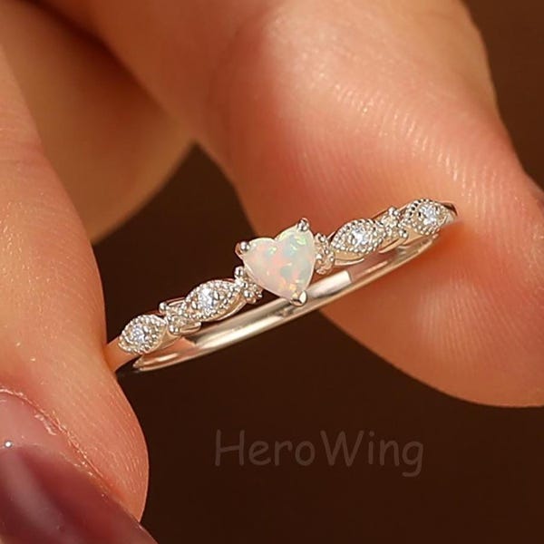 Dainty Opal Heart Ring, Moissanite Accents - October Birthstone