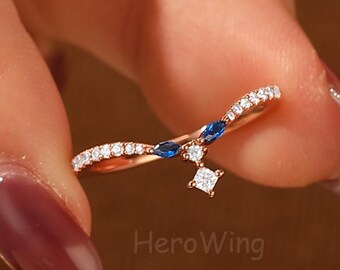 Unique Crown Sapphire & Moissanite Wedding Band Princess Style Bridal Ring Minimalist Nesting Ring