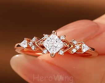 Art Deco Filigree Moissanite Ring, Rose Gold Statement Promise Ring