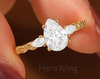 Yellow Gold Leaf Design 6x9mm Pear Moissanite Diamond Wedding Ring Twist Unique Promise Ring