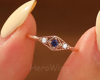 Solid Gold Minimalist Square Cut Blue Sapphire Sep Bithstone Gemstone Wedding Jewelry Ring Her