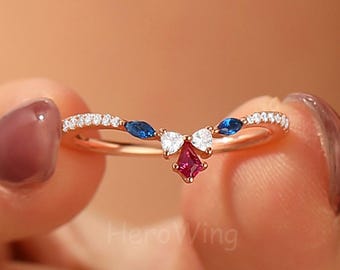 Ruby Curved Wedding Band for Women Half Eternity Moissanite Stackable Wishbone Minimalist Nesting Ring