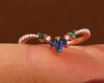 Rose Gold Marquise Blue Sapphiire Crown Matching Ring Anniversary Gift Tiara Emerald Stackable Band