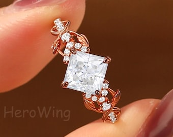 Rose Gold 4 Prong Set 6.5mm Princess Moissanite Diamond Wedding Promise Ring Branch Jewelry