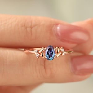 Alexandrite June Birthstone Promise Ring for Lover Birthday Gift Ring Solid Rose Gold Danity 4x6mm Oval Cut Blue Alexandrite Engagement Ring