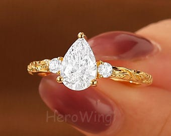 Vintage Pear Cut Moissanite Engagement Ring Rose Gold Leaf Design Diamond Wedding Ring