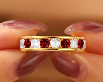 Unisex Wedding Band Round Ruby & Moissanite Matching Ring Band Yellow Gold Full Eternity Jewelry