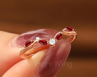 Vintage Marquise Red Ruby & Moissanite Wedding Band in Gold Crown Ring Enhancer Tiara Ring