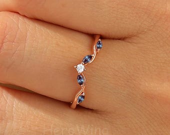 Marquise Alexandrite Wedding Band Women Crown Rose Gold Custom Fit Crown Promise Ring