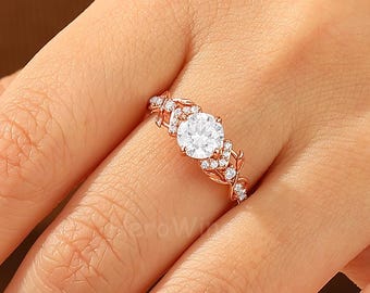 Rose Gold Leaf Design 6.5MM 1.0CT Round Moissanite Engagement Ring Delicate Anniversary Promise Ring