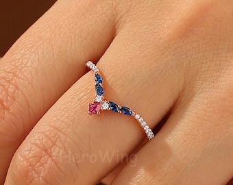 Crown Ruby & Sapphire Wedding Band Delicate Sep Birthstone Diamond Curved Matching Band Anniversary Gift