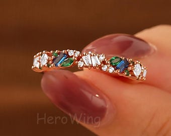 Baguette blue sapphire ring cluster dainty women rose gold anniversary wedding ring