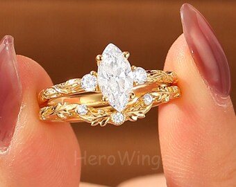 Yellow Gold Marquise Cut Moissanite Diamond Cluster Wedding Ring Vine Engagement Branch Bridal Set