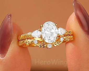 Nature Inspired Olive Vine Oval Moissanite Engagement Ring Set, Yellow Gold Wedding Band