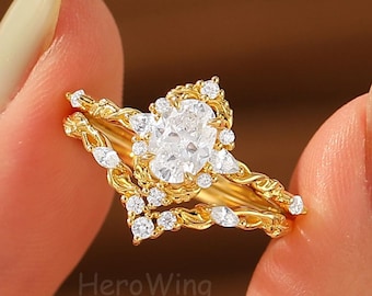 Vintage Botanical Wedding Band & Promise Ring for Women Nature Inspired Oval Moissanite Bridal Set