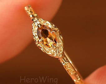 Handmade Danity Natural Citrine Engagement Ring Solid Real Gold Jewerly Filigree Art Deco Nov Birthstone Yellow Gemstone Promise Ring Lover