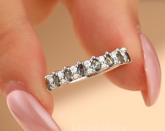 Half Eternity Pear Shaped Blue Green Sapphire Ring Rose Gold Stacking Wedding Band Jewelry