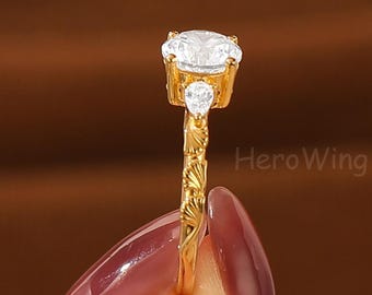 Art Deco Filigree 7MM Round Moissanite Yellow Gold Handmade Bridal Engagement Ring