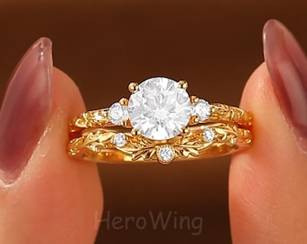Twist Cluster Round Cut 7MM Moissanite Engagement Ring Set Yellow Gold Curved Wedding Band
