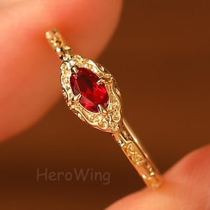 Filigree Design Oval Cut Red Ruby Anniversary Promise Ring for Her 14k Gold Ruby Jewlery Valentines Gift for Wife Solid Gold Engagement Ring