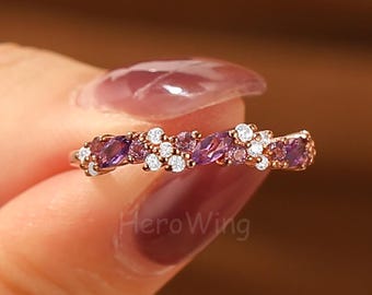 Unique Marquise Cut Amethyst Ring Half Eternity Wedding Band Women Matching Stacking Band