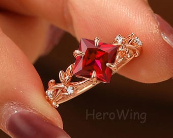 Art Deco Rose Gold Ring Princess Cut Red Ruby Nature Inspired Vines Promise Jewelry