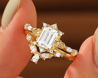 Nature Inspired Vine Emerald Cut Moissanite Bridal Ring Set Vintage Botanical Promise Ring
