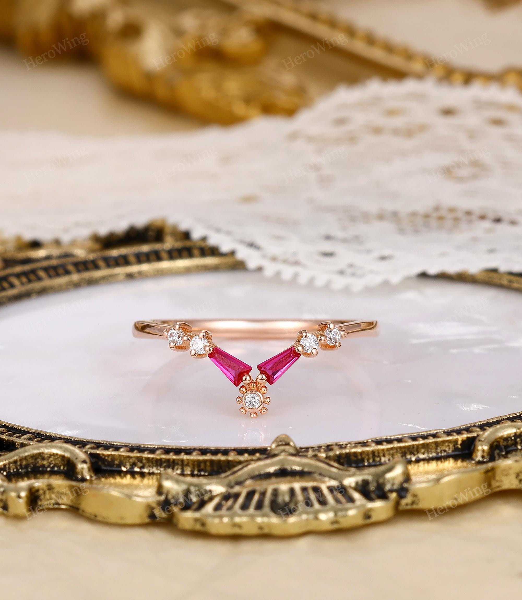 Crown Pink Ruby Stackable Rings Promise Rings For Women Rose Gold Vintage Ruby Moissanite Curved Wedding Band Unique Elegant Ring Enhancer