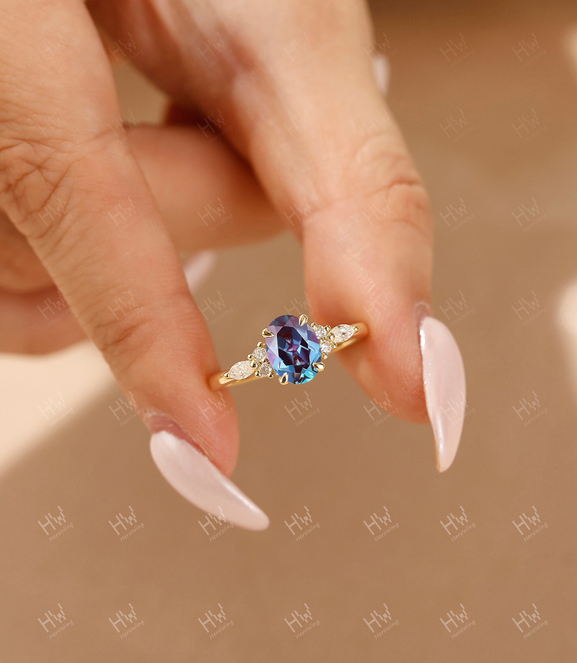 Alexandrite Ring Oval Alexandrite Engagement Ring Three Stone Design June Birthstone Ring Color Change Stone Promise Ring Anniversary Ring