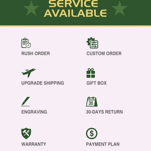 K&ouml;nnte beinhalten: Gr&uuml;ne und wei&szlig;e Grafik mit dem Text "SERVICE AVAILABLE" in Gelb. Die Grafik listet verschiedene angebotene Dienstleistungen auf, darunter Eilauftrag, Sonderanfertigung, Upgrade-Versand, Geschenkbox, Gravur, 30-Tage-R&uuml;ckgabe, Garantie und Zahlungsplan.