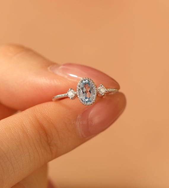 Twisted March Birthstone Aquamarine Ring Unique Oval Engagement - Main Image